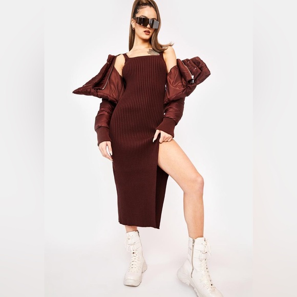 Poster Girl Chocolate Ribbed High Slit Tank Dress Size Small - Picture 4 of 5